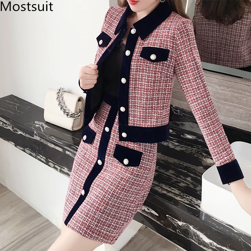 Top Trends: Winter Women Tweed Vintage Two Piece Skirt Suits Sets Buttons Coat And A-line Skirt Outfits Sets Elegant Fashion 2 Piece Sets Shoppable Styles