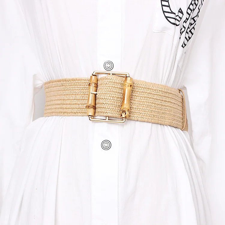 Top Trends: New Elastic Weaving Women's Belt Brand High Quality Bohemian Bamboo Needle Buckle Grass Knitting Dress Cintos Off White Belt Shoppable Styles