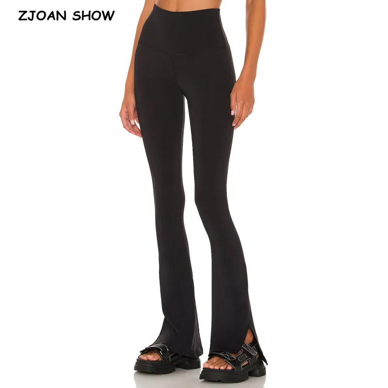 Top Trends: 2022 Spring Y2K Plain Solid Black Color High Stretch Side Slit Pants Woman Tight Flare Full Length Trousers Casual Bottom Shoppable Styles