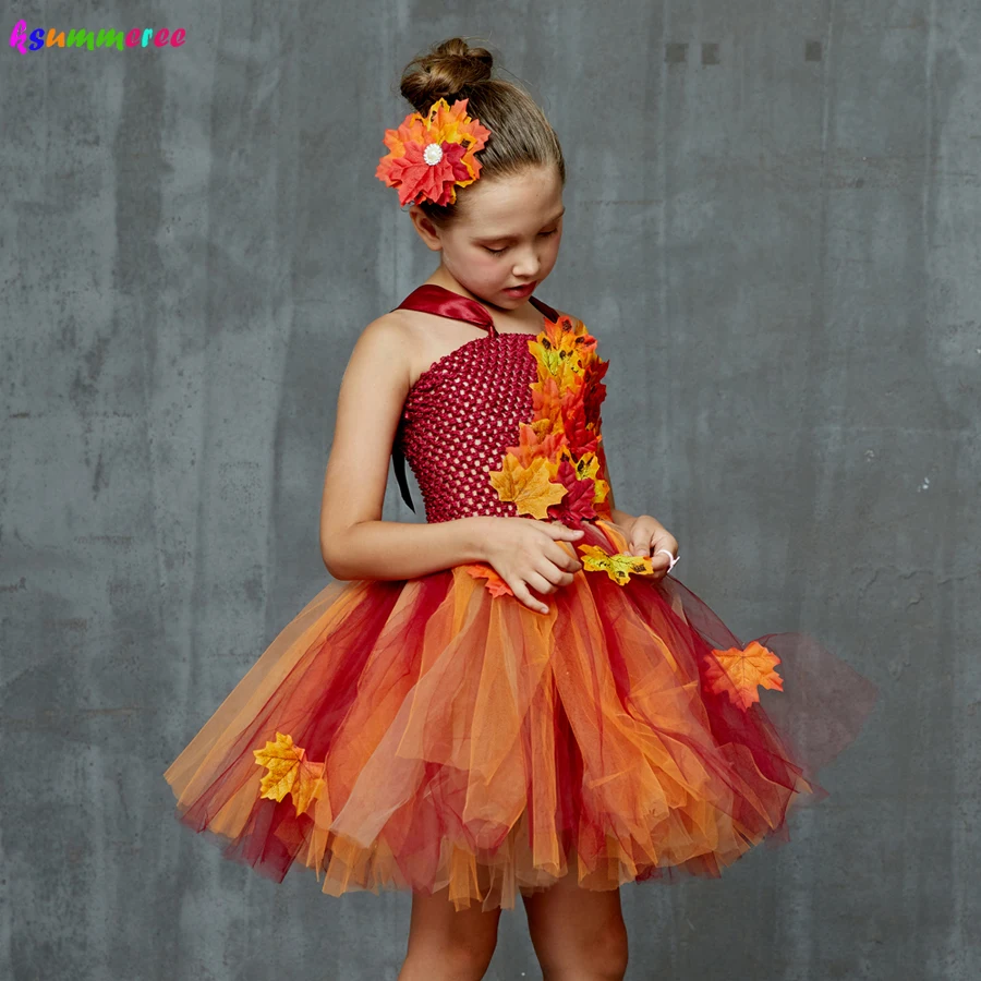 Top Trends: Autumn Fairy Girls Tutu Dress Maple Leaves Kids Tulle Dress With Headband Children Flower Dresses For Halloween Christmas Shoppable Styles - Image 2