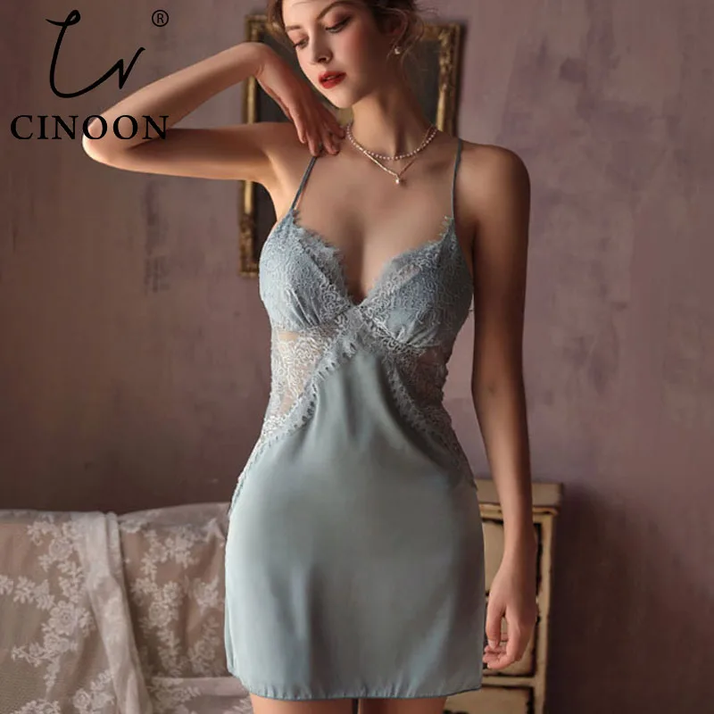 Top Trends: CINOON Women Nightgowns Sexy Lace Satin Sleepwear V-neck Nightdress With Chest Pads Homewear Thin Backless Lounge Soft Nightwear Shoppable Styles