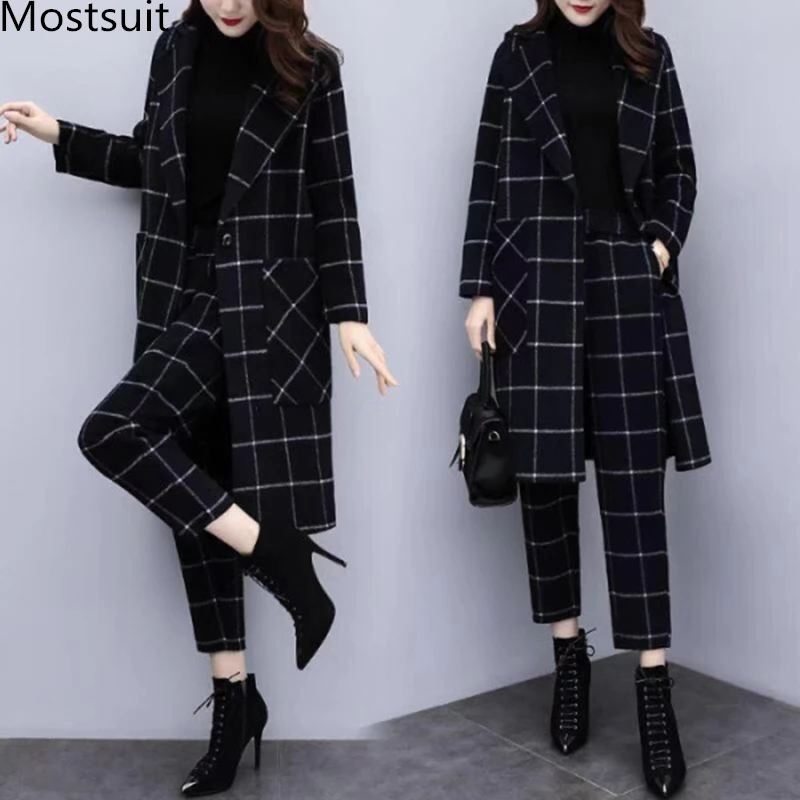 Top Trends: 2022 Winter Black Woolen Plaid Two Piece Sets Outfits Women Long Coat And Pants Suits Elegant Fashion Office Sets Shoppable Styles