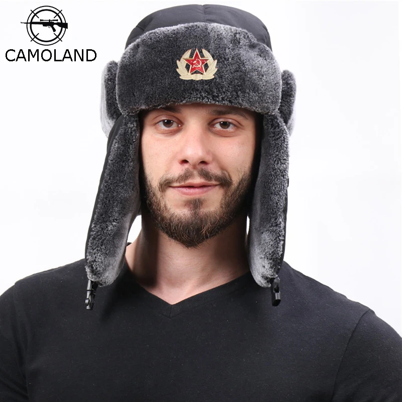 Top Trends: Soviet Badge Russia Ushanka Hat Waterproof Bomber Hats Pilot Trapper Trooper Hat Winter Faux Rabbit Fur Earflap Men Snow Caps Shoppable Styles