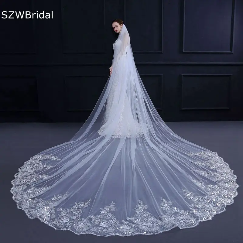 Top Trends: 3 / 4 / 5 Meter White Ivory Cathedral Wedding Veils Long Lace Edge Bridal Veil With Comb Wedding Accessories Bride Veu Wedding Veil Shoppable Styles