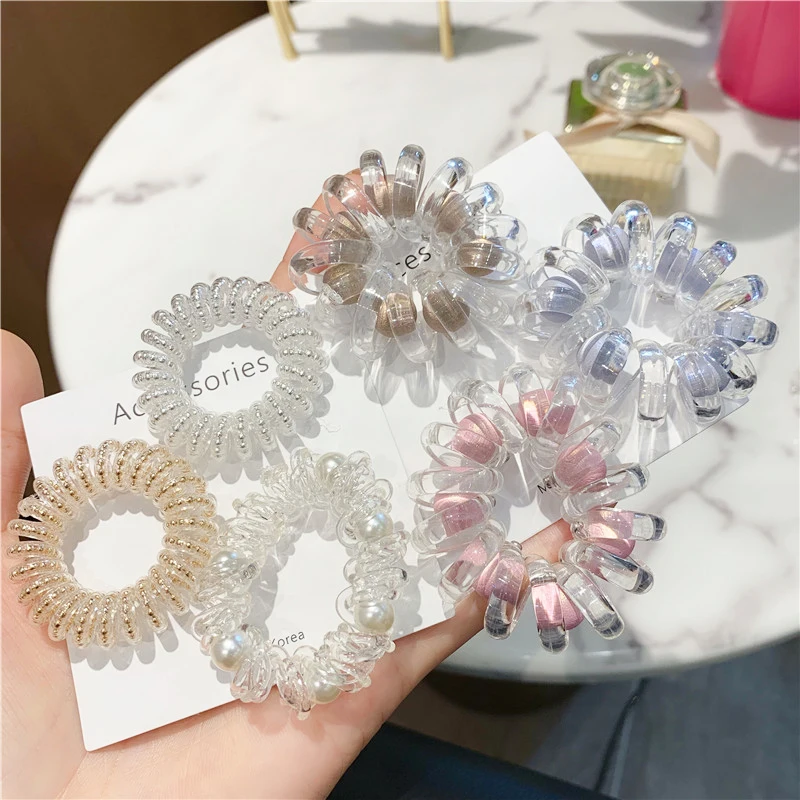 Top Trends: New Clear Elastic Hair Band Telephone Wire Line Gold Silver Ball Pearl Ponytail Hair Ties Rubber Band Women Hair Accessories Shoppable Styles