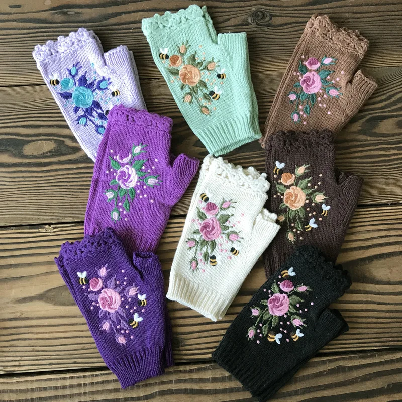 Top Trends: Ins High Quality Mittens Handmade Embroidery Gloves Autumn Winter Bee Floret Women's Warm Gloves Wool Knitted Adult Gloves Shoppable Styles