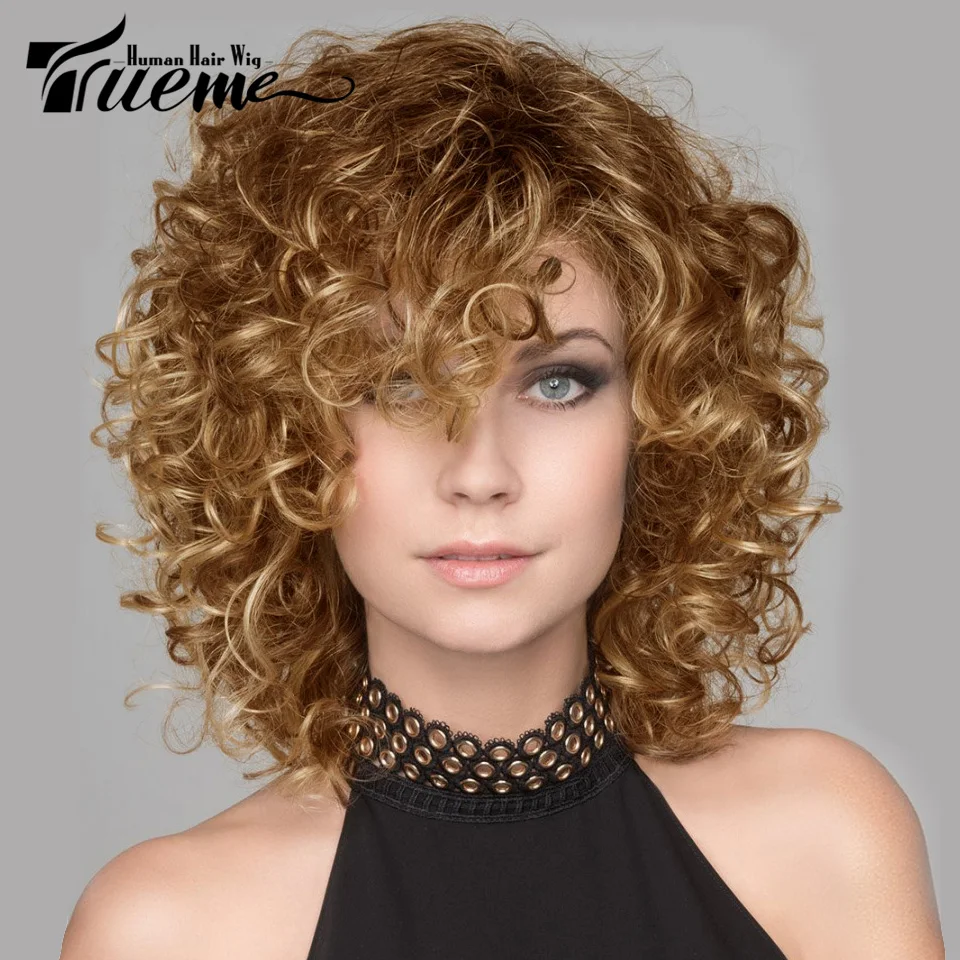 Top Trends: Trueme Short Curly Bob Wig With Bangs Colored Brazilian Human Hair Wigs For Women Ombre Black Brown Romance Wave Bob Full Wig Shoppable Styles