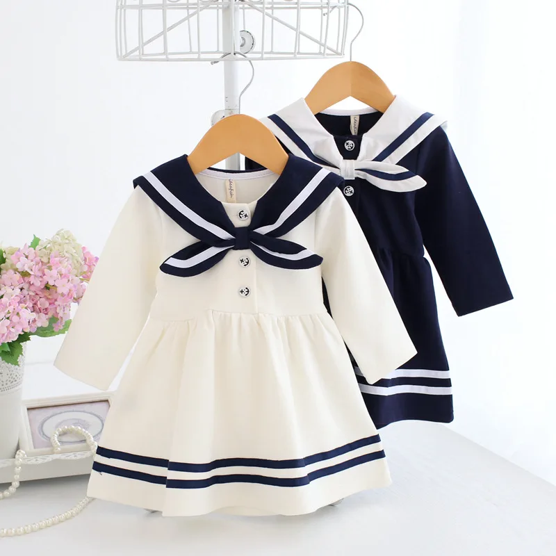 Top Trends: Spring Autumn Children Clothes Girl Navy White Newborn Long Sleeve High Quality Student Clothing Elegant Dresses For Girl Baby K Shoppable Styles