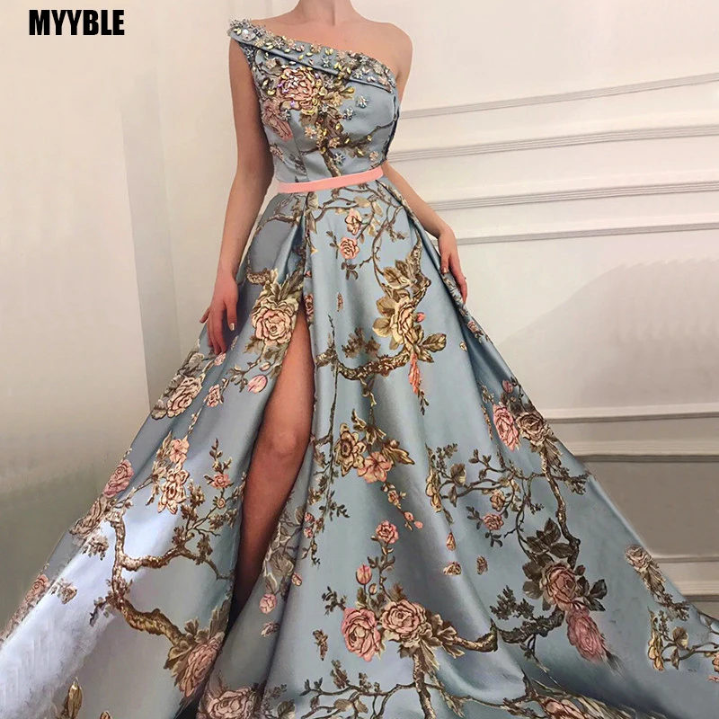 Top Trends: Sexy One Shoulder Side Split Prom Dresses 2020 Floral Print Crystal Beaded Party Gowns With Sash Long Women Formal Evening Dress Shoppable Styles