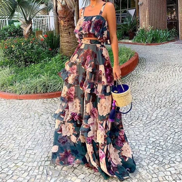 Top Trends: Women Summer Sexy Cake Skirt Sling Crop Top+ Maxi Long Skirt Casual Floral Printed Ruffled High Waist Two Piece Set 2022 New Shoppable Styles