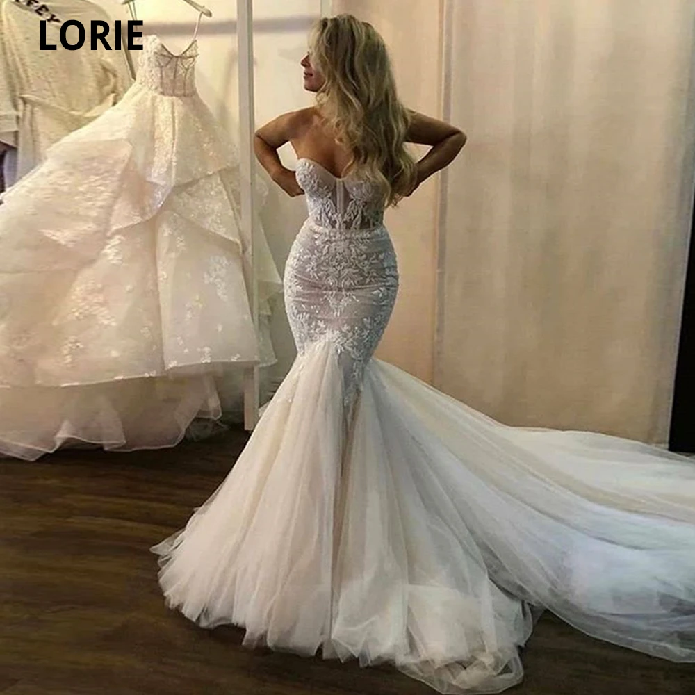 Top Trends: LORIE Lace Wedding Dresses Mermaid Strapless Boho Fish Bridal Gowns Open Back Princess Party Gowns With Puffy Tulle Skirt 2020 Shoppable Styles