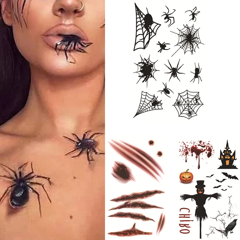 Top Trends: Halloween Bloody Wound Tattoo Stickers Trick Scary Waterproof Temporary Tatoo Spider Bat DIY 3D Fake Totem Party Decoration Shoppable Styles