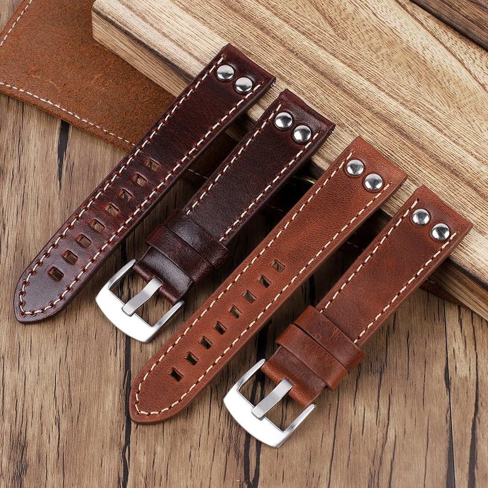 Top Trends: Double Row Hole Leather Straps 20mm 22mm High Quality Genuine Leather Rivets Watchband Men Replacement Watch Strap Bracelet Shoppable Styles