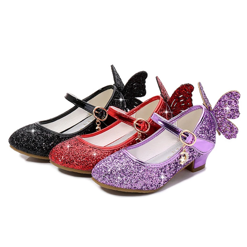 Top Trends: Girls Leather Shoes Princess Shoes Children's Sequin Butterfly High Heel Sparkling With Light Dancing Shoes Shoppable Styles