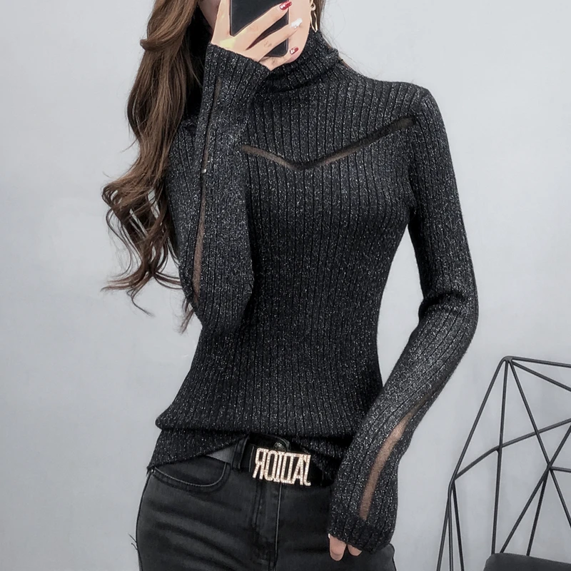 Top Trends: Turtleneck Sweater Slim Female Sexy Long-Sleeved Perspective Net Yarn Splicing Knitwear Bright Pull Ladies Sweaters Pullover Top Shoppable Styles