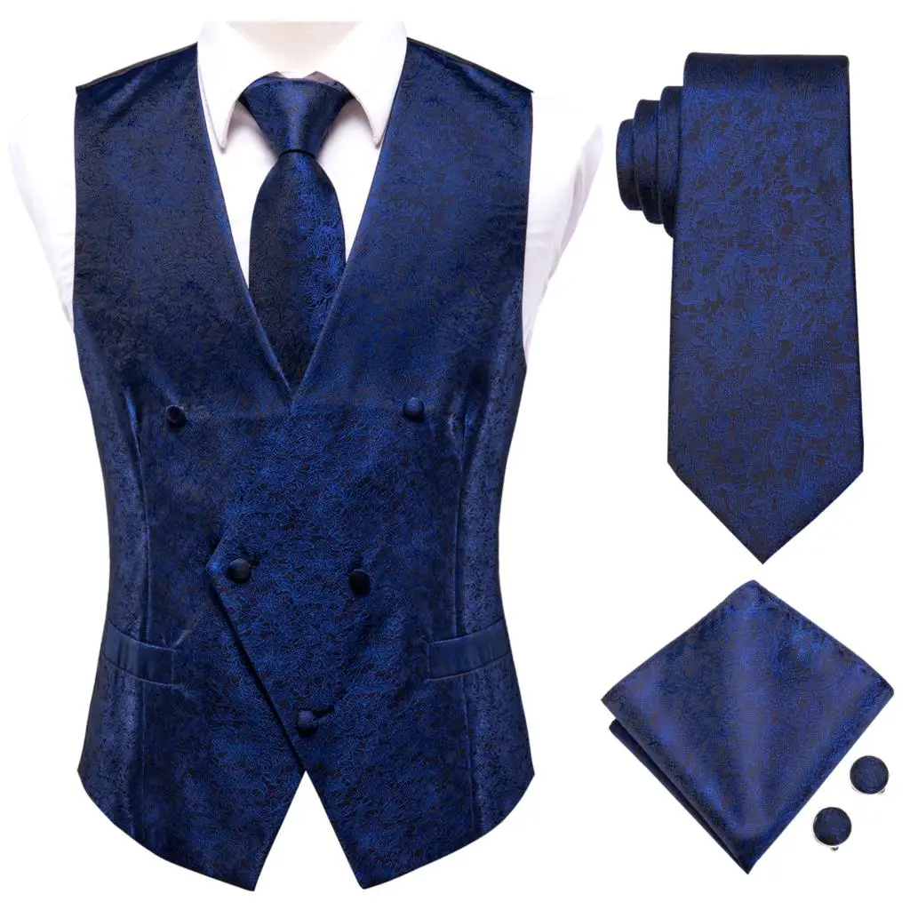 Top Trends: Silk Men&#039;s Vests And Tie Business Formal Dresses Slim Vest 4PC Necktie Hanky Cufflinks For Suit Blue Paisley Floral Waistcoat Shoppable Styles