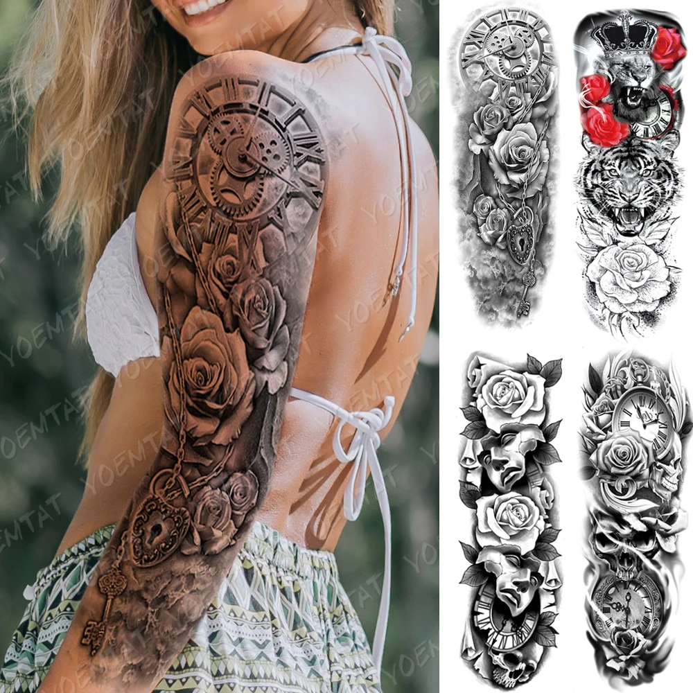 Top Trends: Large Arm Sleeve Tattoo Lion Tiger Clock Waterproof Temporary Tatto Sticker Rose Mask Body Art Full Fake Tatoo Women Men Shoppable Styles