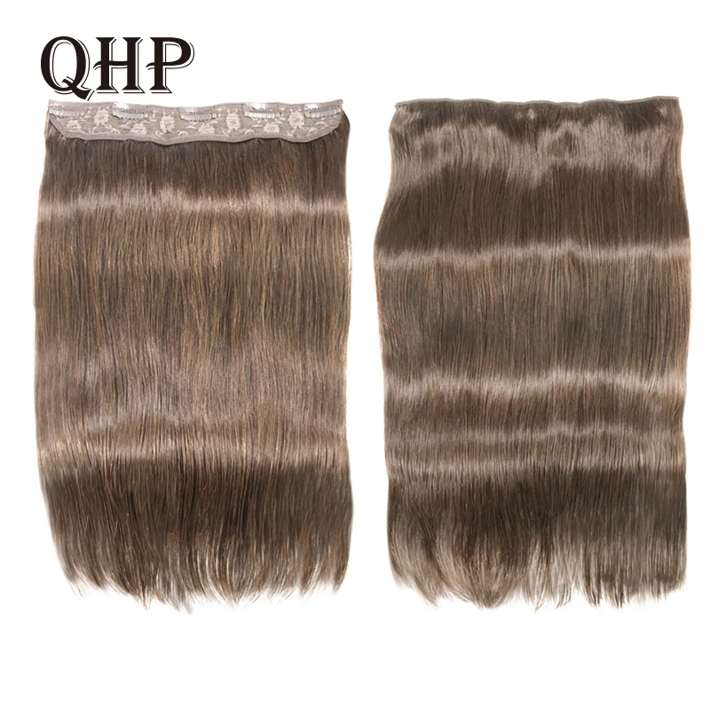 Top Trends: QHP Hair Straight Clip In One Piece Human Hair Extensions #1 #1B #4 #8 #613 #27 #32 Brazilan Remy Hair 10Inche With 5 Clips Shoppable Styles