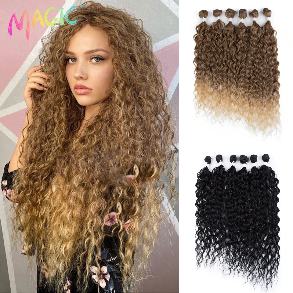 Top Trends: Magic Synthetic 6PCS 24 26 28inches Kinky Curly Hair Bundles Ombre Blonde Color Fake Hair Extensions Curly Hair Accessories Shoppable Styles