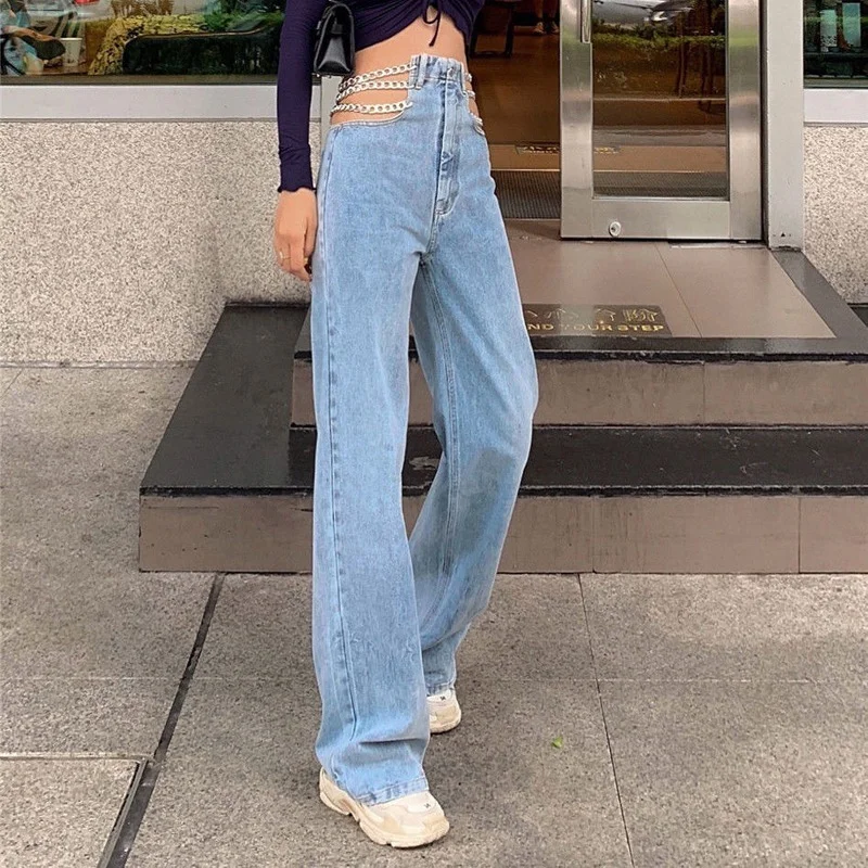 Top Trends: Women High Waist Korean Loose Casual Wide Leg Denim Pants 2023 Sexy Chain Fashion Trouser Boyfriend Jeans Female Streetwear Pant Shoppable Styles