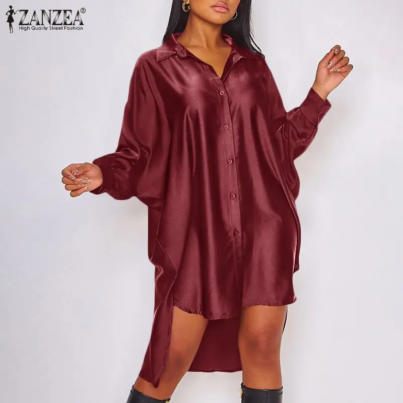 Top Trends: ZANZEA 2023 Stylish Satin Shirt Dress Women's Irregular Sundress Casual Long Sleeve Lapel Mini Vestidos Robe Shoppable Styles - Image 3