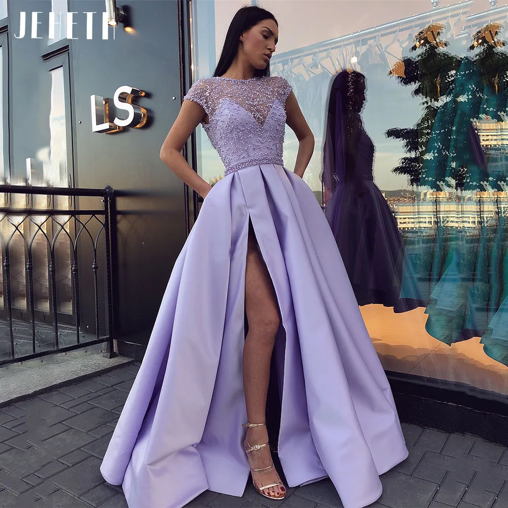 Top Trends: JEHETH New Dubai Arabic Lavender Satin Prom Dresses With Slits Pearl Elegant Long Evening Boho Women 2023 Special Occasion Gowns Shoppable Styles