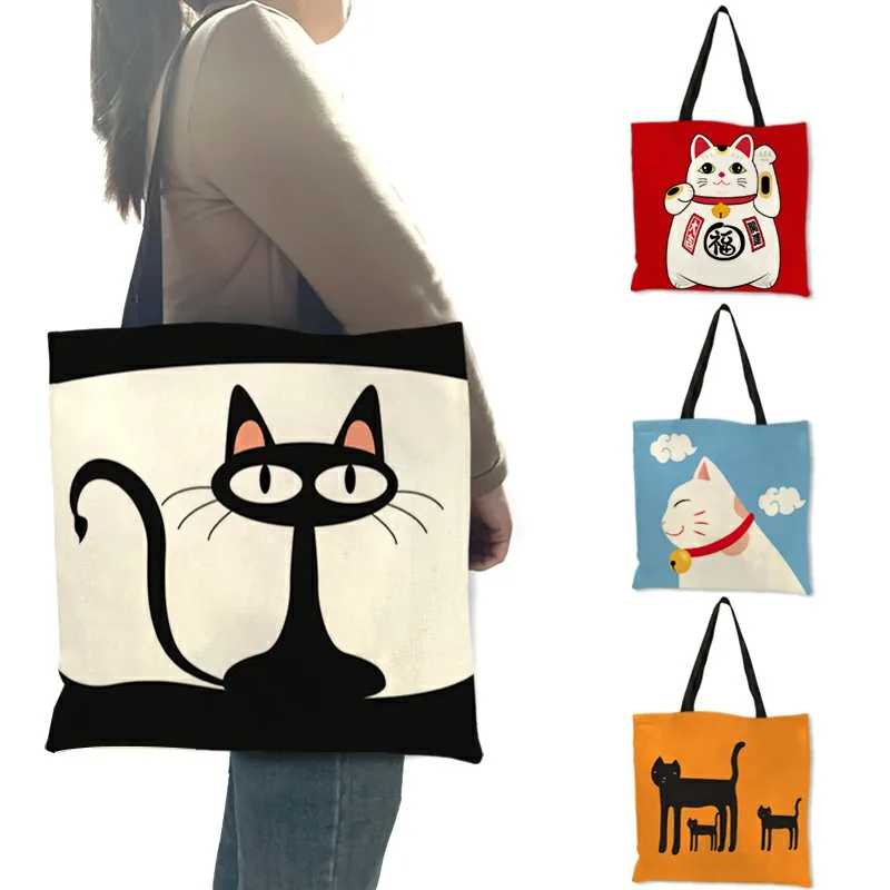 Top Trends: Cartoon Animal Cat Print Tote Bag For Women Folding Reusable Shopping Bags Linen Handbags Pouch Shoppable Styles