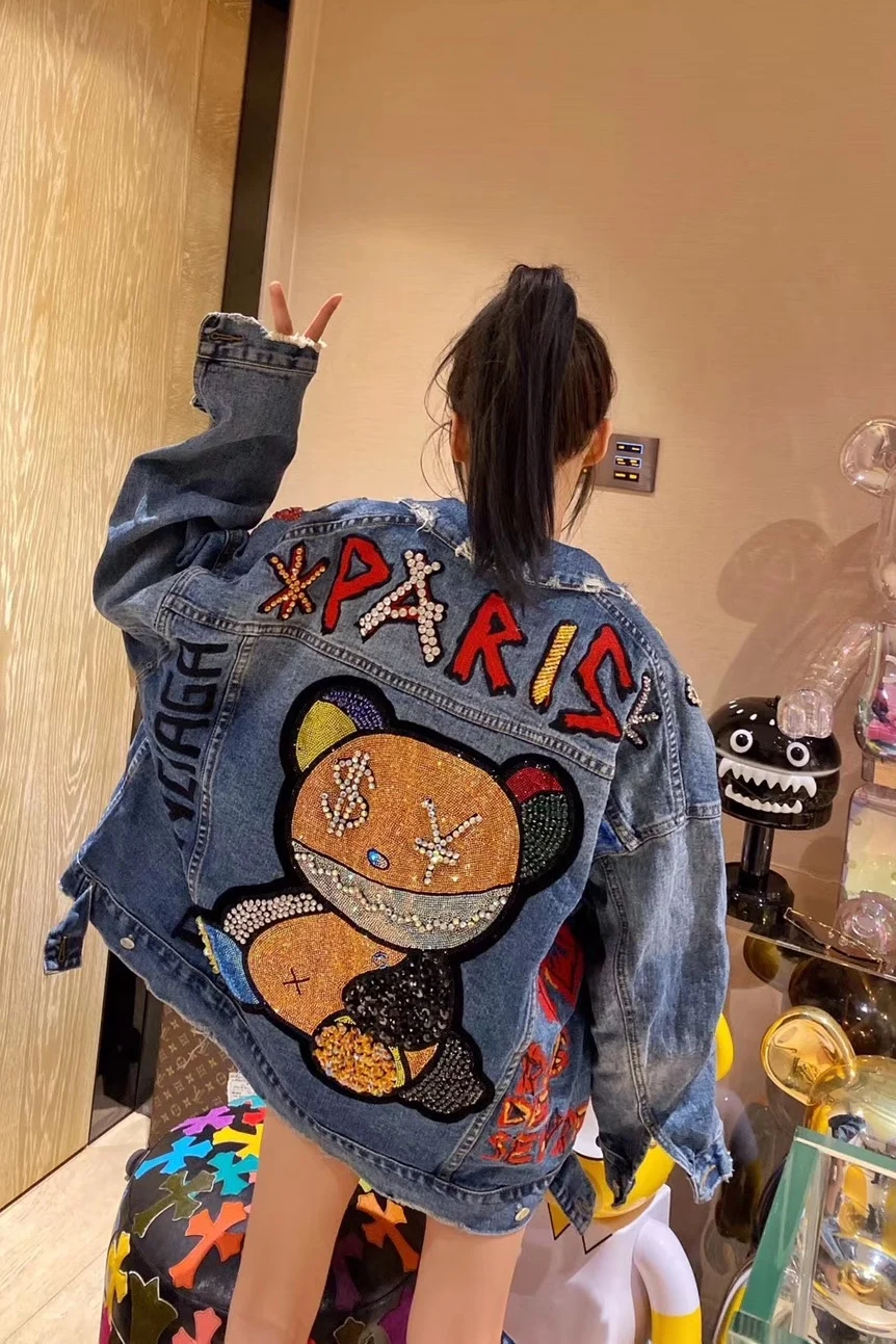 Top Trends: Denim Jacket Hot Sale Diamond Sequins Heavy Bear Long-sleeved Loose Street Jacket Fashion 2022 Spring And Autumn New Shoppable Styles