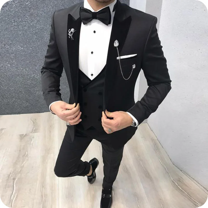 Top Trends: Custom Made Black Men Suits Men Wedding Suits For ManTuxedos Groom Peaked Lapel Velvet Vest Coat Pants Terno Blazer Masculino Shoppable Styles - Image 4