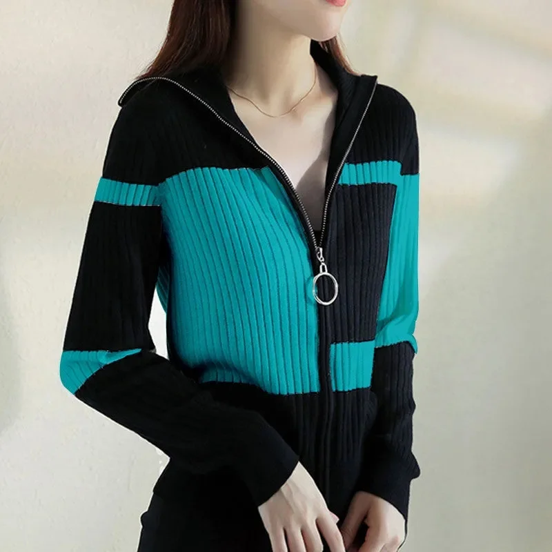 Top Trends: Fashion Knitted Jacket Female 2022 Autumn Striped Slim Caot Simple Contrast Color All-Match Zipper Cardigan Women Blousers 756 Shoppable Styles - Image 4