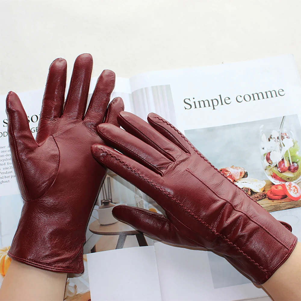 Top Trends: New Women Color Leather Gloves Striped Style Velvet Lining Autumn And Winter Warm High Quality Sheepskin Gloves Shoppable Styles - Image 2