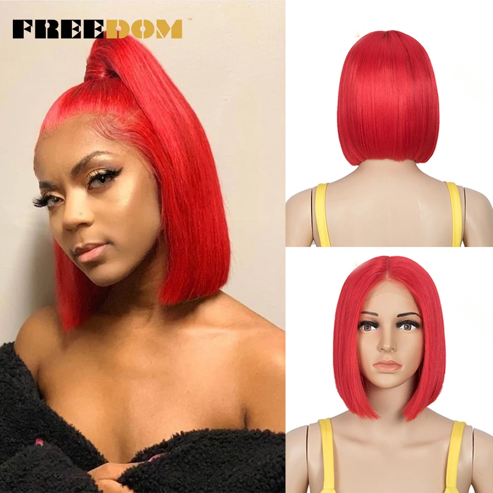 Top Trends: FREEDOM Straight Synthetic Lace Wig Short Ombre Bob Wig Purple Red Pink Fashion Wig Synthetic Wigs For Black Women Cosplay Wig Shoppable Styles