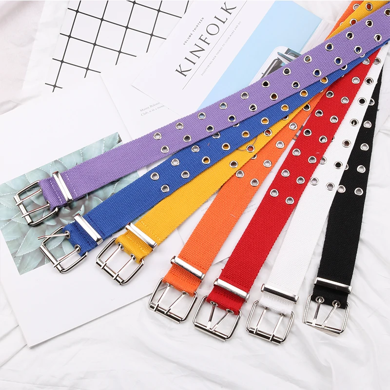 Top Trends: BLA Fashion Canvas Belts Casual Double Hollow Hole Buckle Belt Adjustable Solid Color Waist Strap For Women Men Students Jeans 3 Shoppable Styles