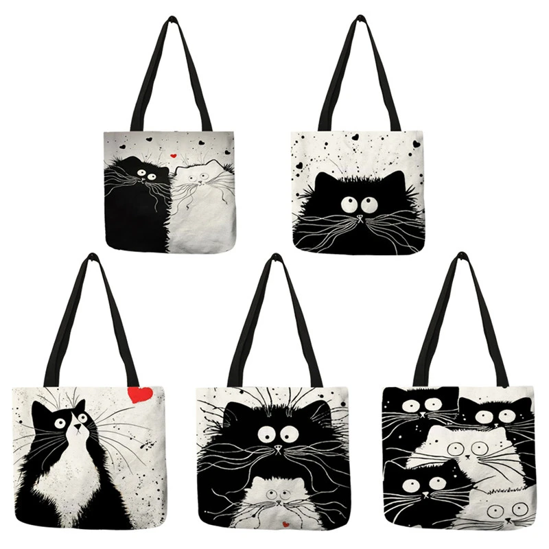 Top Trends: Customized Tote Shopping Bag Cute Cat Printing Women Handbag Linen Totes With Print Logo Casual Traveling Beach Bags Shoppable Styles