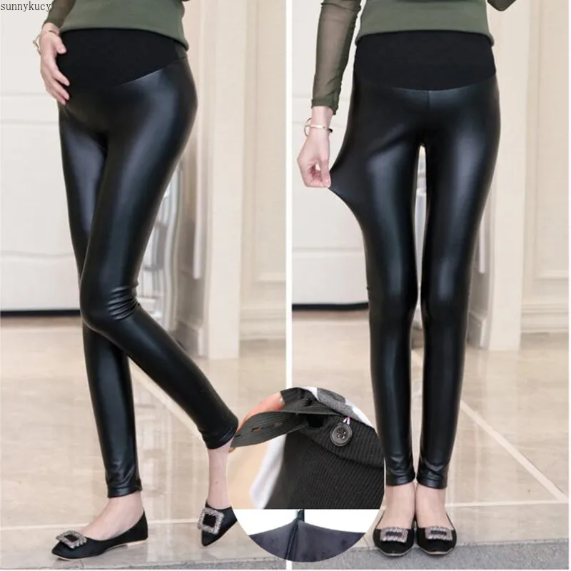 Top Trends: PU Leather Pregnant Women Leggings Autumn And Winter Warm Pants, Suitable For Pregnant Women Pants Velvet Adjustable High Waist Shoppable Styles