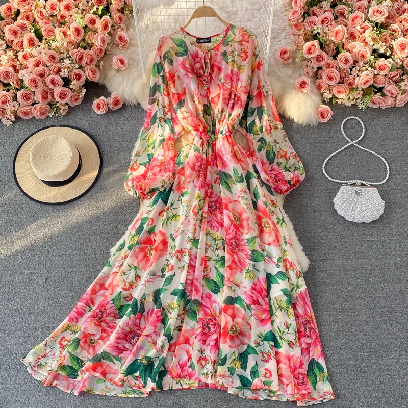 Top Trends: Banulin Runway Spring Summer Vacation Dress Women Elegant Bat Sleeve Rose Print Bohemian Lady Chiffon Long Maxi Dress N76637 Shoppable Styles