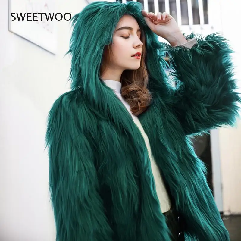 Top Trends: Fluffy Faux Fur Coat With Hood Women Winter Loose Plush Purple Grey Green Red Jacket Ladies Chic Fashion Parka Outwear Shoppable Styles - Image 6