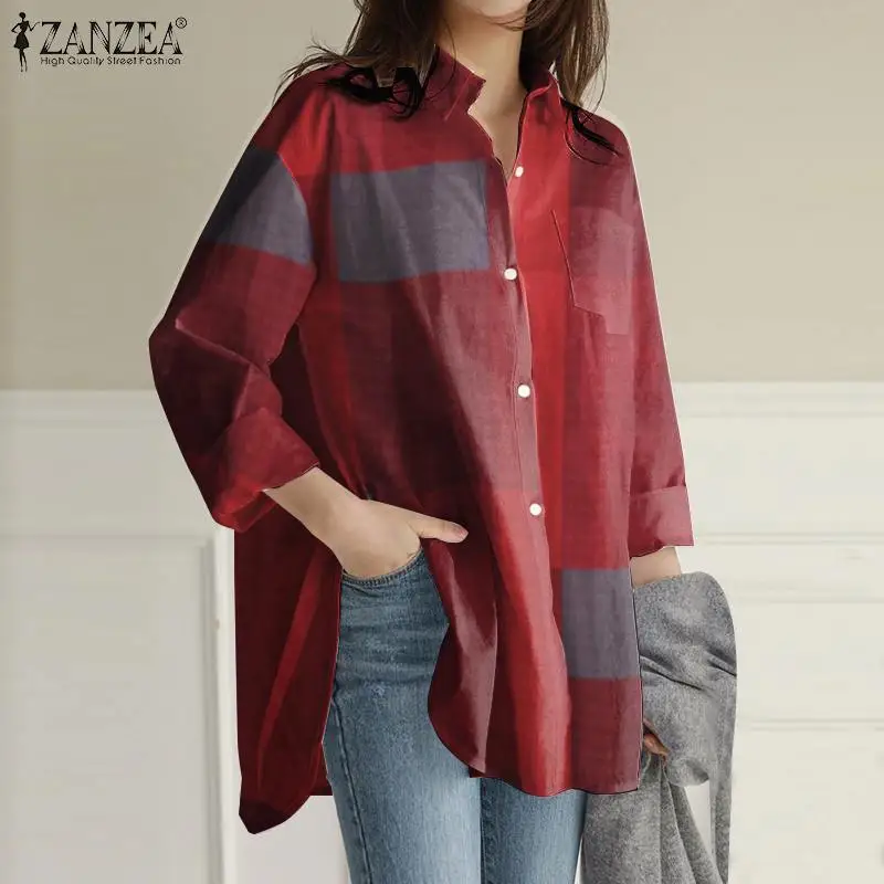 Top Trends: Women Kaftan Long Sleeve Blouses ZANZEA Casual Loose Work Shirt Pockets Asymmetrical Chemise Autumn Plaid Tops Shoppable Styles