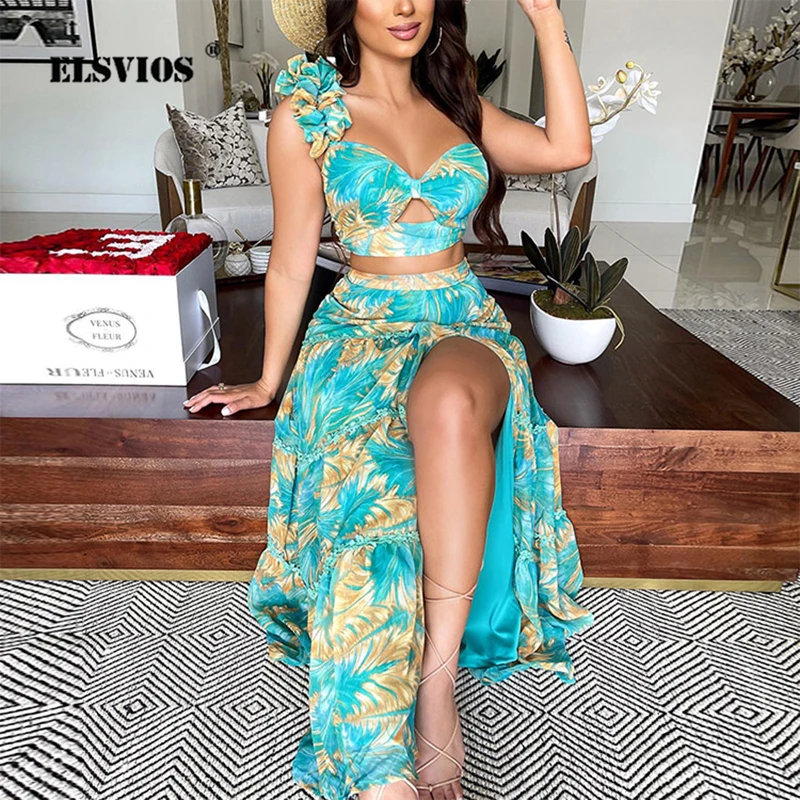 Top Trends: Summer New Women Sexy Slim Two Piece Set Off Shoulder Split Floral Print Crop Tops And Long Skirt Suit Lady Elegant 2 Piece Sets Shoppable Styles