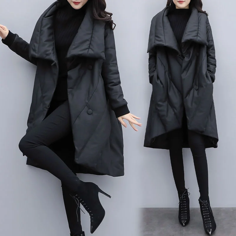 Top Trends: 2024 Winter New Women Loose Fashion Mid-length Down Padded Cotton Jacket Female Black Slimming Cloak Jacket Buttons Thickeing Shoppable Styles - Image 4