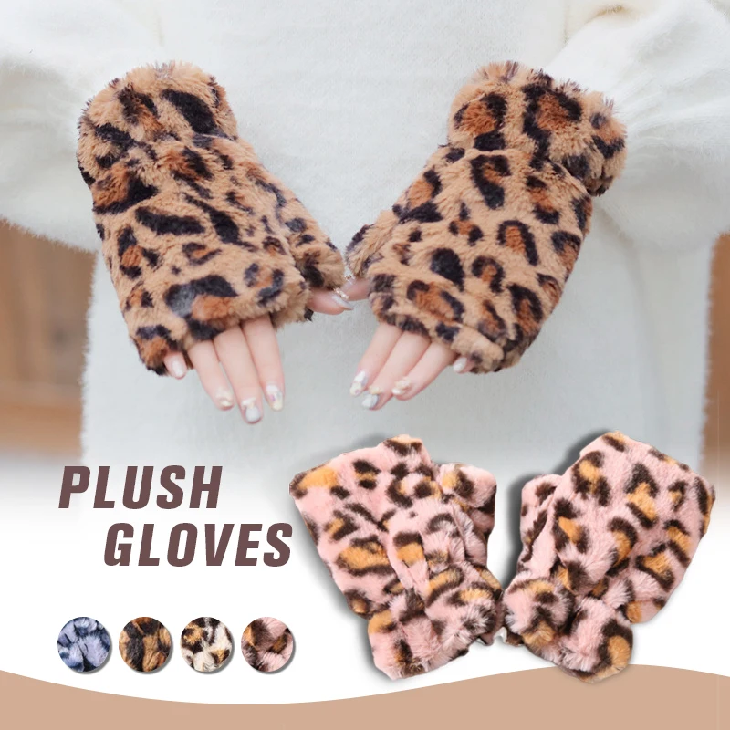 Top Trends: Womens Fashion Fingerless Gloves Leopard Printed Plush Fleece Glove Half Finger Mittens Shoppable Styles