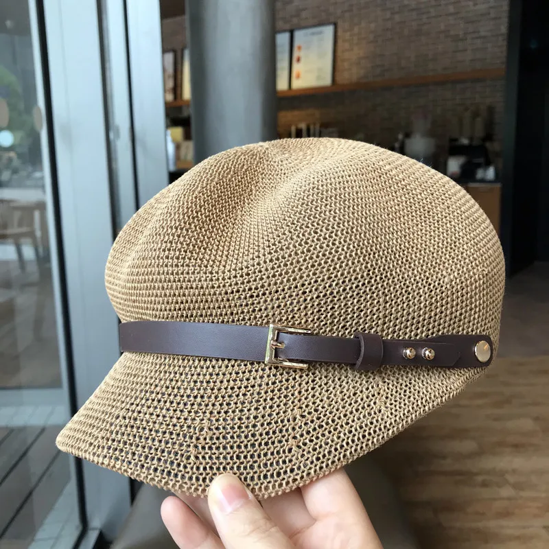 Top Trends: 2021 Octagonal Cap Straw Women Summer Thin Newsboy Cap Painter Adjustable Rope Knitted Beret Mesh Breathable Beach Straw Hat Shoppable Styles