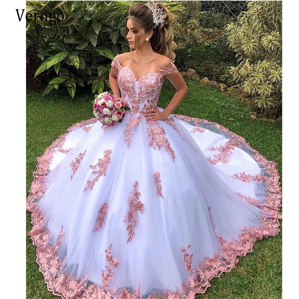 Top Trends: Verngo 2024 Off The Shoulder Blush Pink Lace Applique Ball Gown Wedding Dresses White Tulle Princess Bride Gowns Garden Country Shoppable Styles