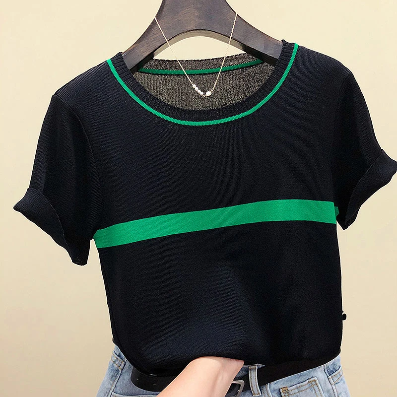 Top Trends: LJSXLS New Knitted T Shirt Women Summer O-Neck Short Sleeve T-shirt Female Striped Casual Tops Tee Shirt Casual Women&#039;s Clothing Shoppable Styles