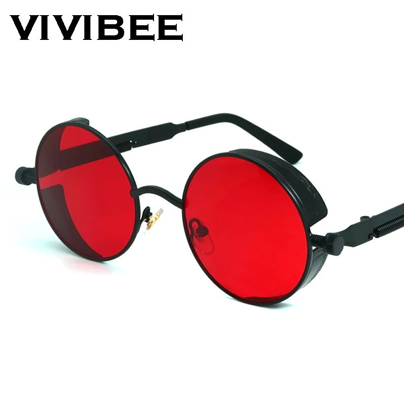 Top Trends: VIVIBEE Vintage Steampunk Red Sunglasses Men Round Punk Alloy Metal Retro Sun Glasses Women 2024 Goggles Gothic Style Shades Shoppable Styles