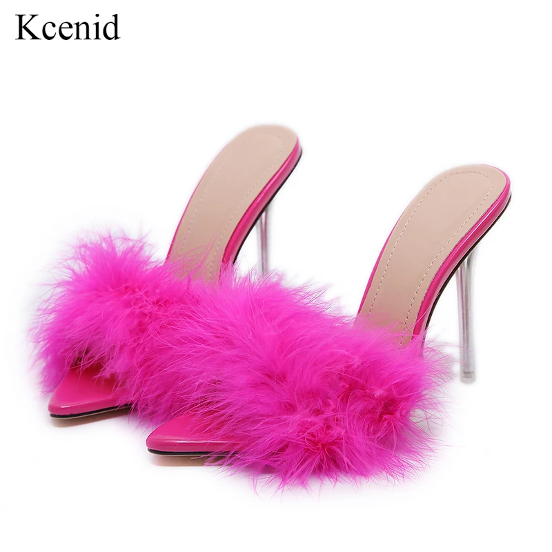 Top Trends: Kcenid Summer New Sexy Feather Woman Slippers Transparent Perspex High Heels Stiletto Peep Toe Mules Lady Slides Shoes Rose Shoppable Styles