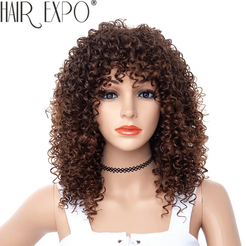 Top Trends: 14inch Short Kinky Curly Wig Afro American Wigs For Black Women Brown Mixed Blonde Synthetic Heat Resistant Wigs With Bangs Shoppable Styles