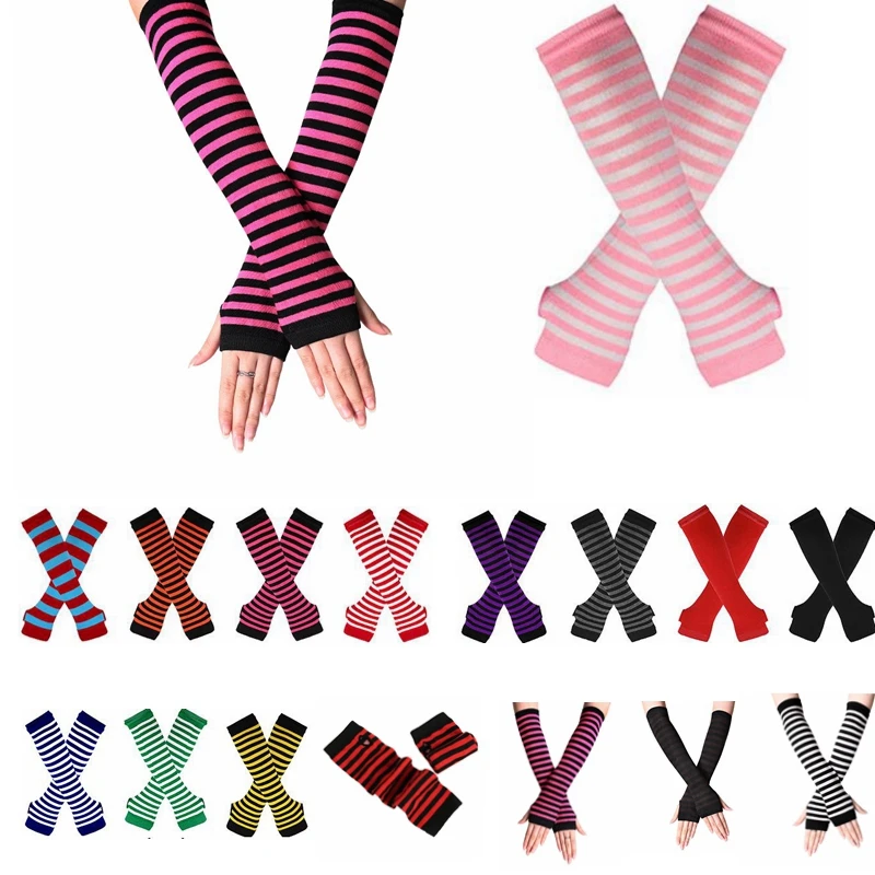 Top Trends: Long Glove Arm Cover Classic Pink Black And White Striped Fingerless Elbow Gloves Warmer Knitted Wristband Shoppable Styles