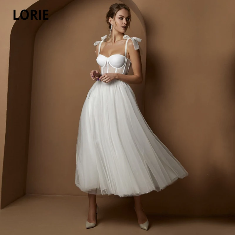 Top Trends: LORIE Short Wedding Dresses Modern Boning Spaghetti Strap A Line Tea Length White Bridal Gown Vestido De Noiva Curto Shoppable Styles