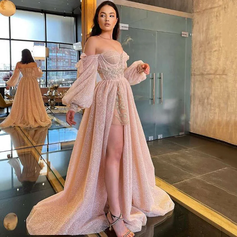 Top Trends: Eightree Pink Wedding Dresses 2021 Puff Long Sleeve Bride Dress Split Side A Line Sexy Beach Wedding Gowns Robe De Mariee Shoppable Styles